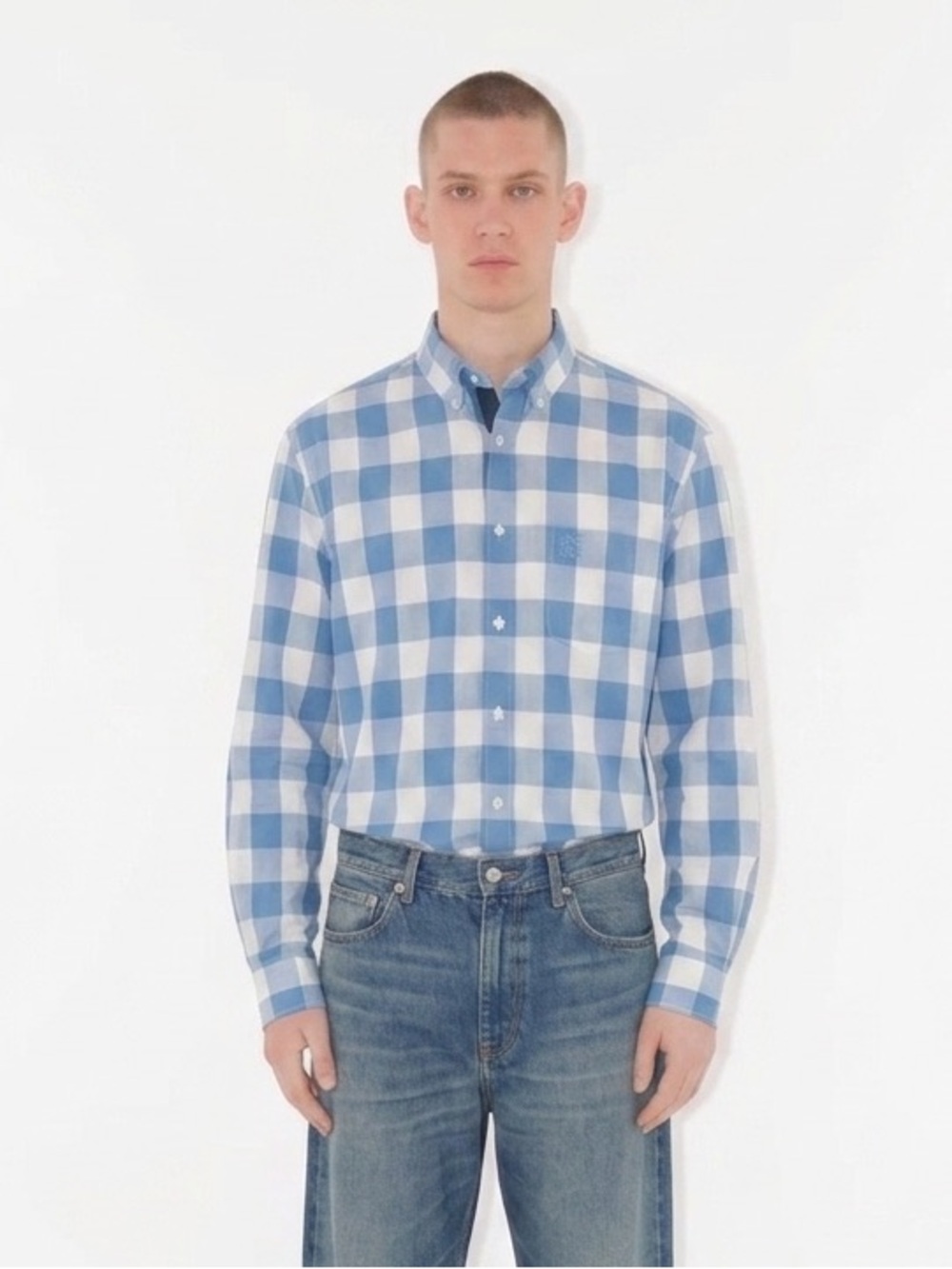 BURBERRY Men's Cotton Slim Fit Nova Checks Long Sleeve Shirt - Blue/ White, XXL